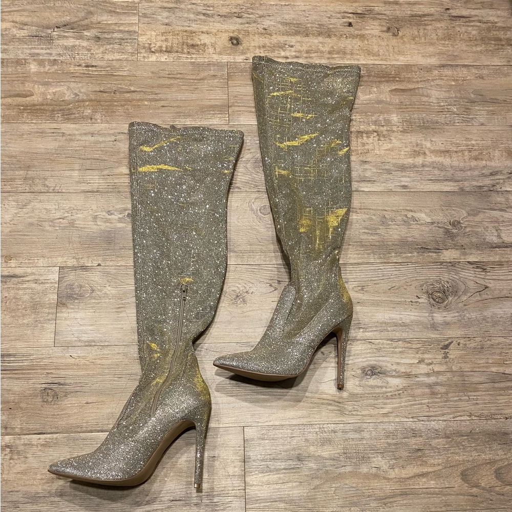 Shoe Dazzle Elegant Thigh High Silver Glitter Heel Boots